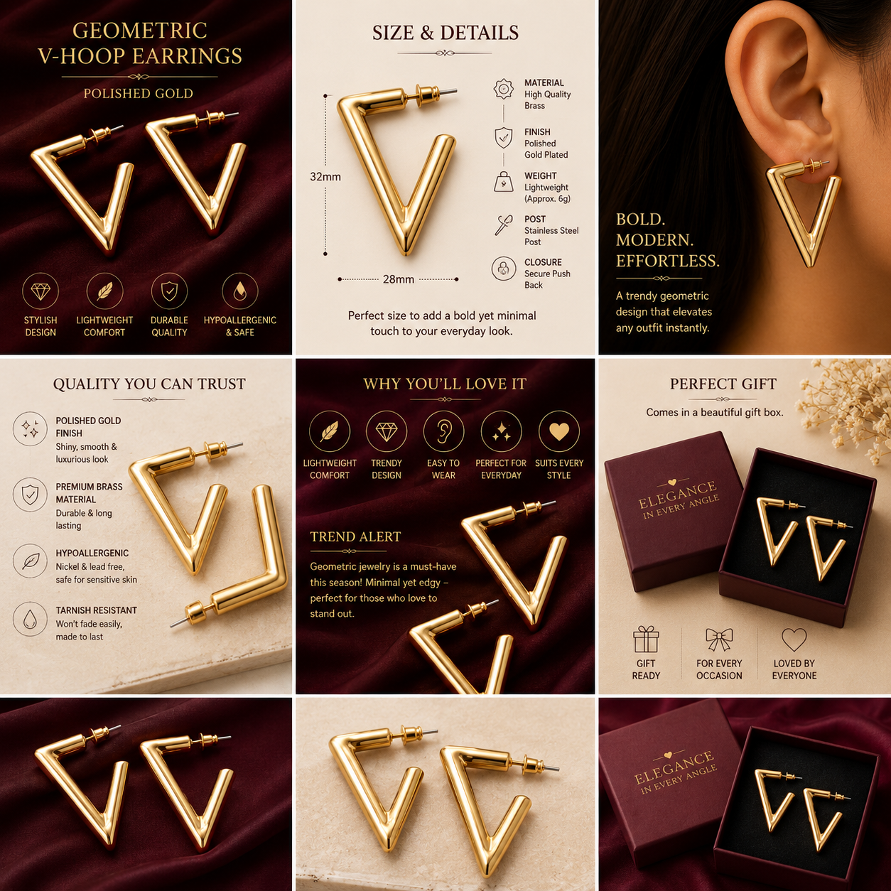 Geometric V-Hoop Earrings Polished Gold Adjustable Drop Earrings
