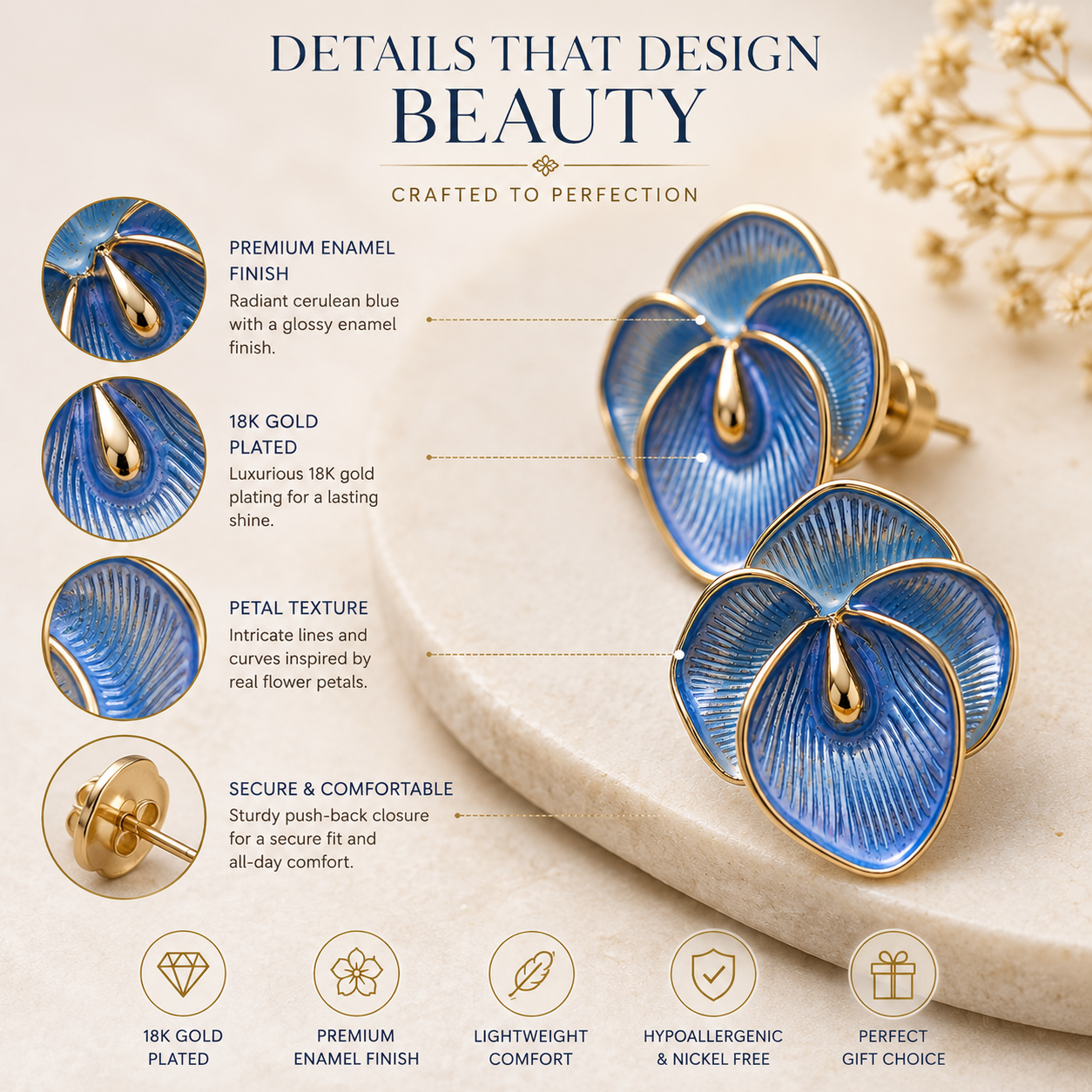 Elegant Enamel Petal Stud Earrings for Women & Girls | Cerulean Blue & Gold Trendy Fashion Jewellery for Daily, Office & Party Wear