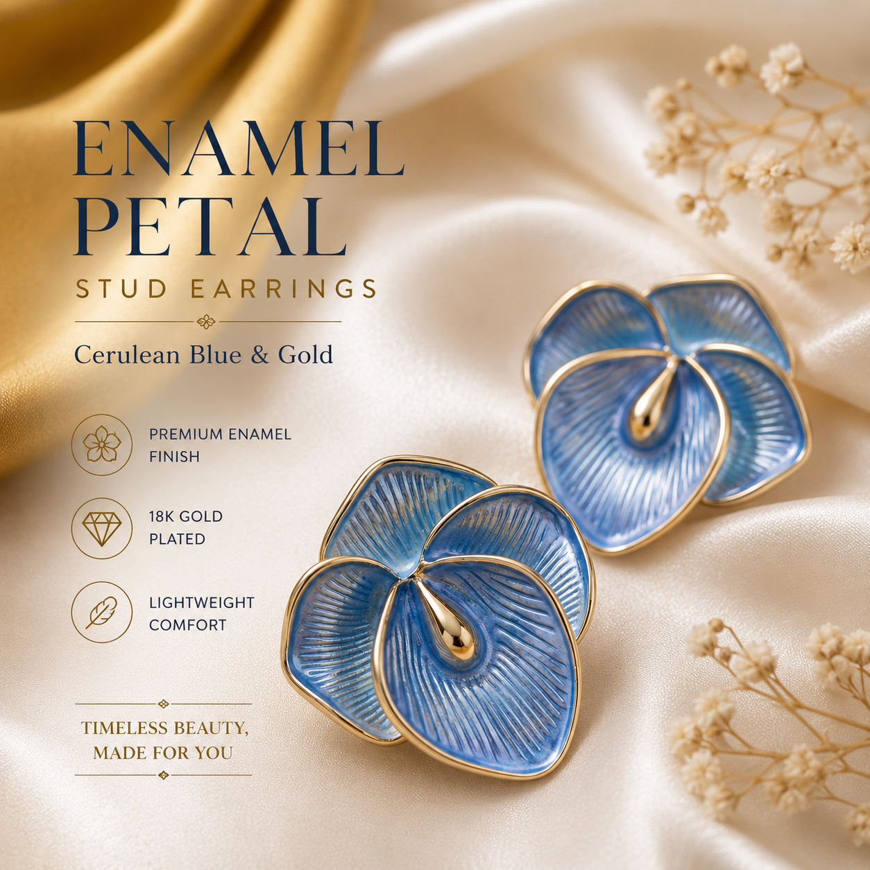 Elegant Enamel Petal Stud Earrings for Women & Girls | Cerulean Blue & Gold Trendy Fashion Jewellery for Daily, Office & Party Wear