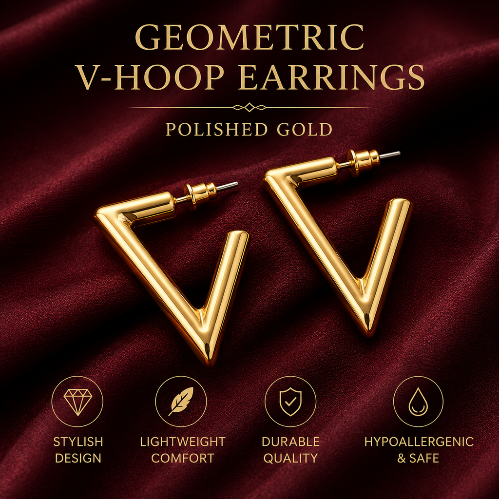 Geometric V-Hoop Earrings Polished Gold Adjustable Drop Earrings