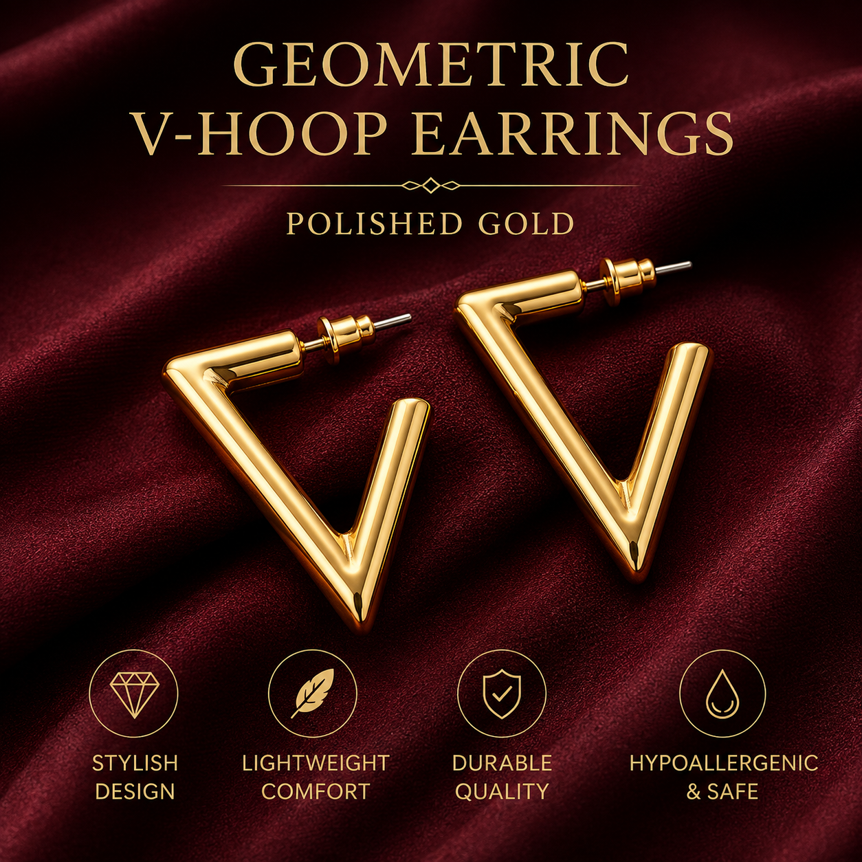 Geometric V-Hoop Earrings Polished Gold Adjustable Drop Earrings