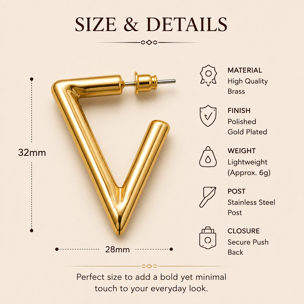 Geometric V-Hoop Earrings Polished Gold Adjustable Drop Earrings