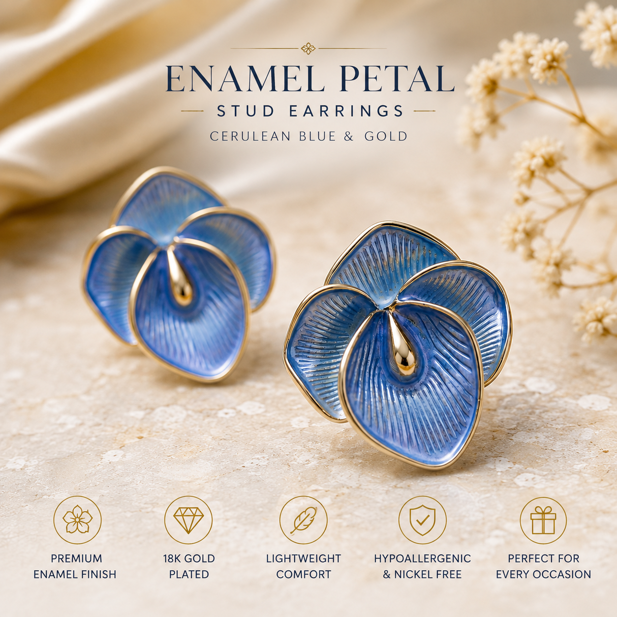 Elegant Enamel Petal Stud Earrings for Women & Girls | Cerulean Blue & Gold Trendy Fashion Jewellery for Daily, Office & Party Wear