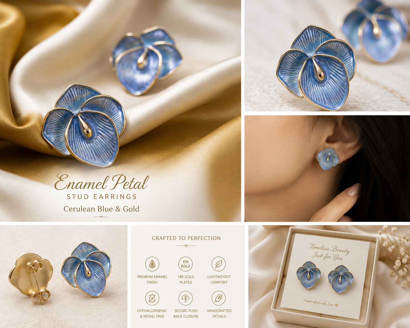 Elegant Enamel Petal Stud Earrings for Women & Girls | Cerulean Blue & Gold Trendy Fashion Jewellery for Daily, Office & Party Wear
