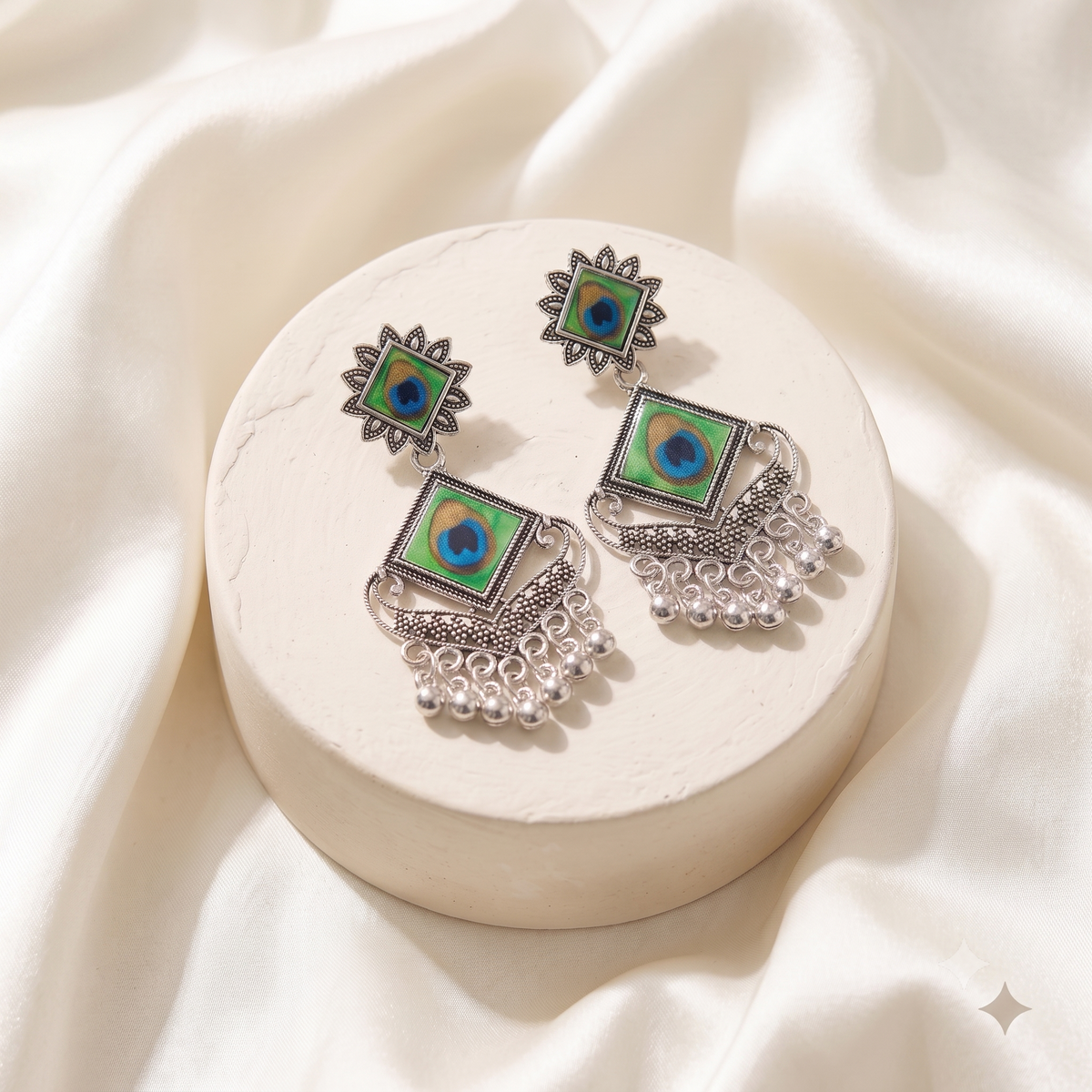 Oxidised Silver Enamel Peacock Drop Earrings for Women