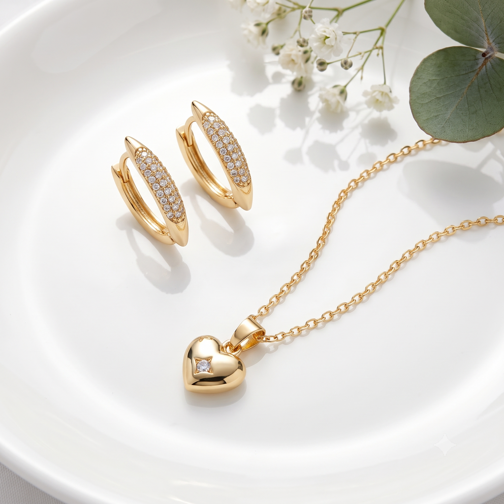 Gold Star- Heart Pendant Necklace and Earrings Jewellery Set