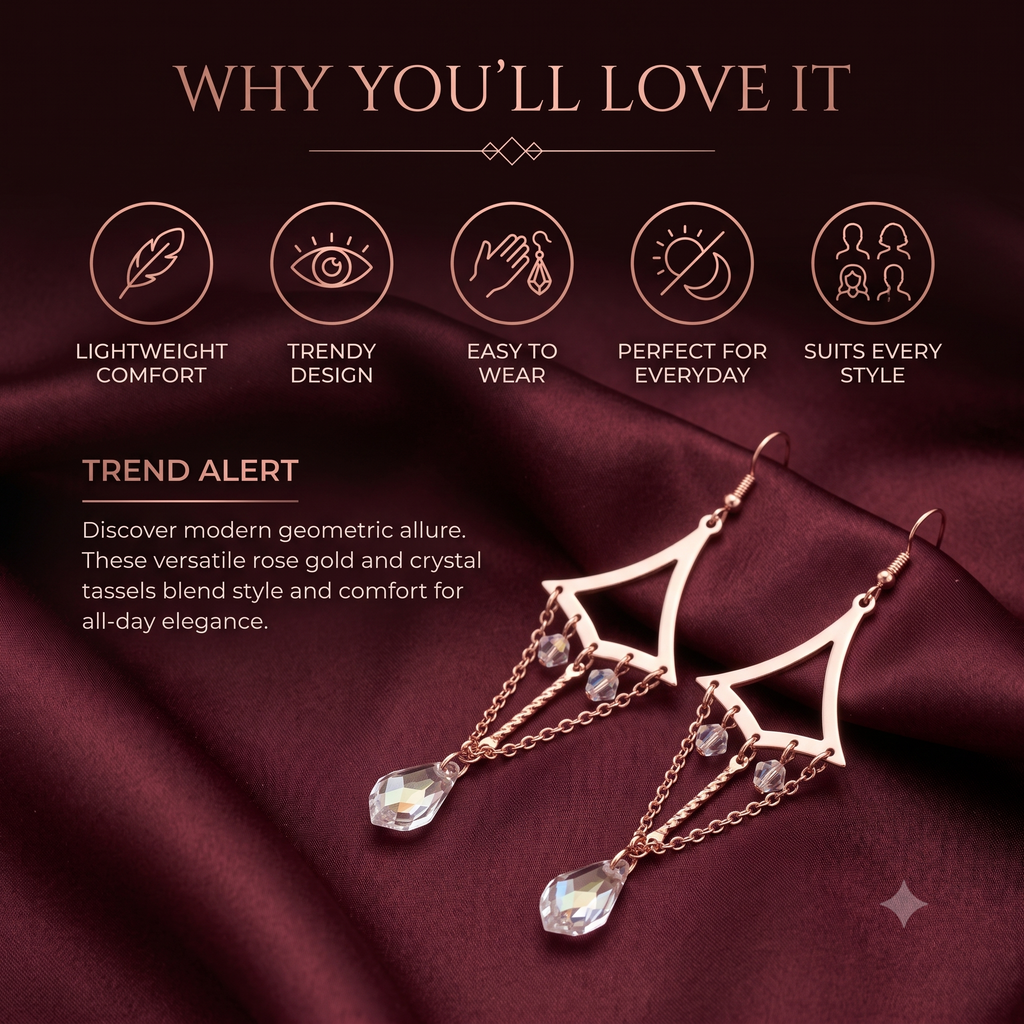 Trendy Geometric Tassel Dangle Earrings for Women & Girls | Rose Gold & Clear Crystal Long Drop Fashion Jewellery for Party & Festive Wear