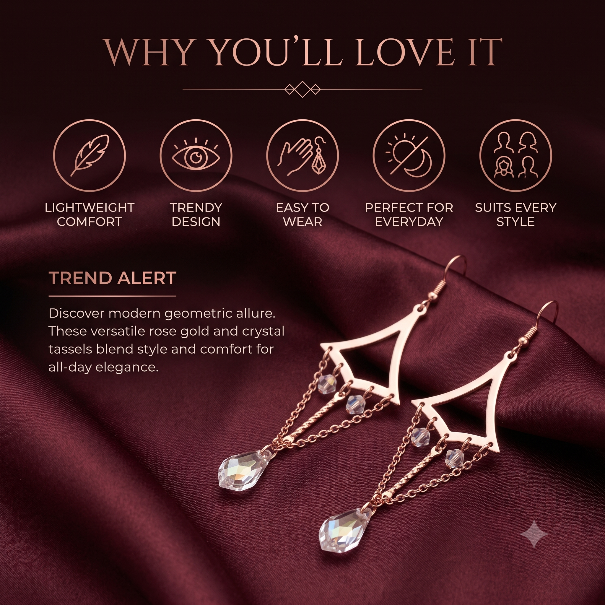Trendy Geometric Tassel Dangle Earrings for Women & Girls | Rose Gold & Clear Crystal Long Drop Fashion Jewellery for Party & Festive Wear