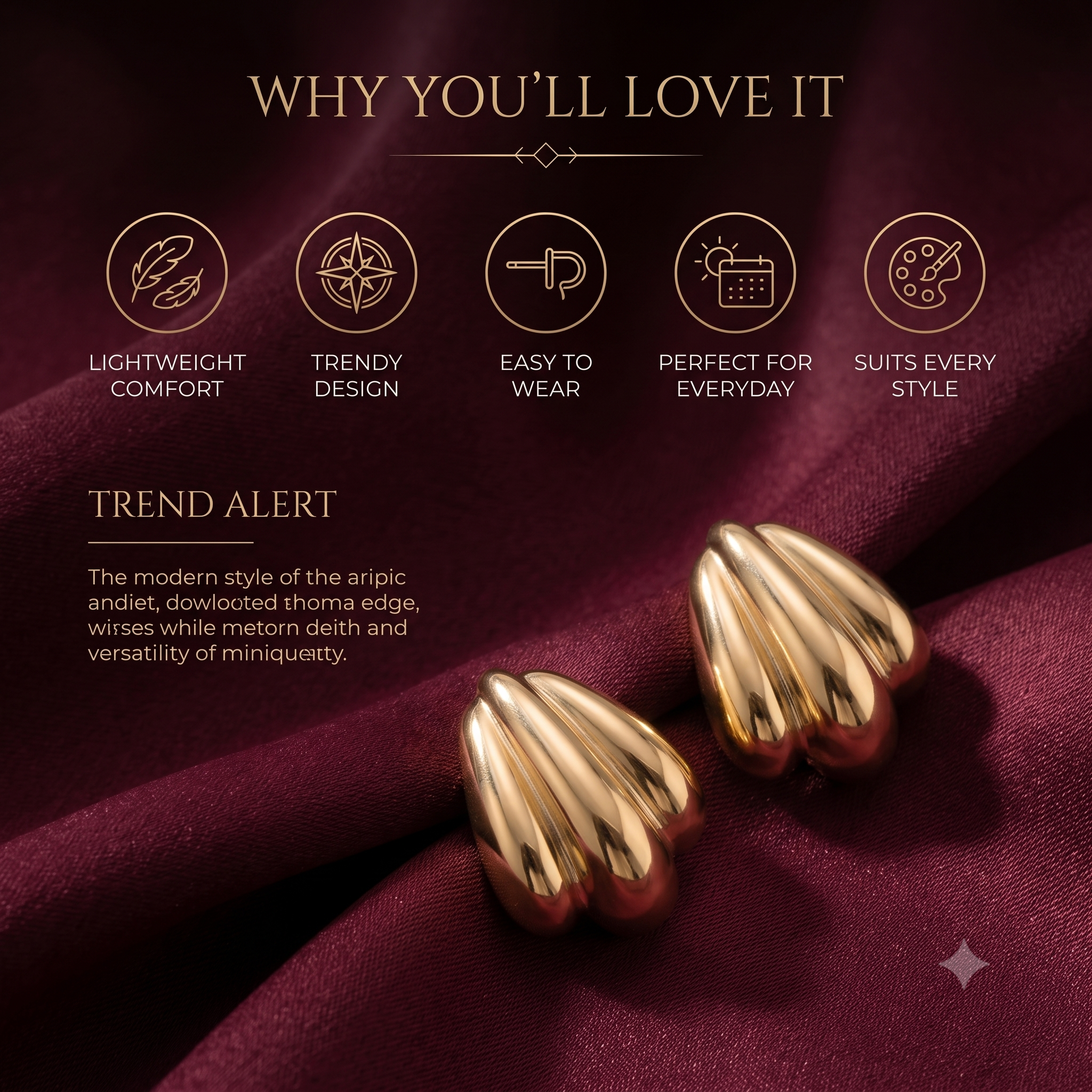 Elegant Fluted Gold Stud Earrings for Women & Girls | Deep Maroon Silk Edition Trendy Fashion Jewellery for Daily, Festive & Party Wear