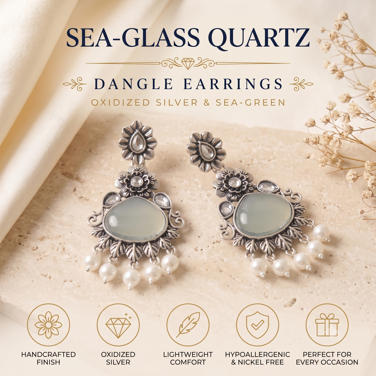 Oxidised Silver Dangle Jhumka Earrings with Pearls for Women