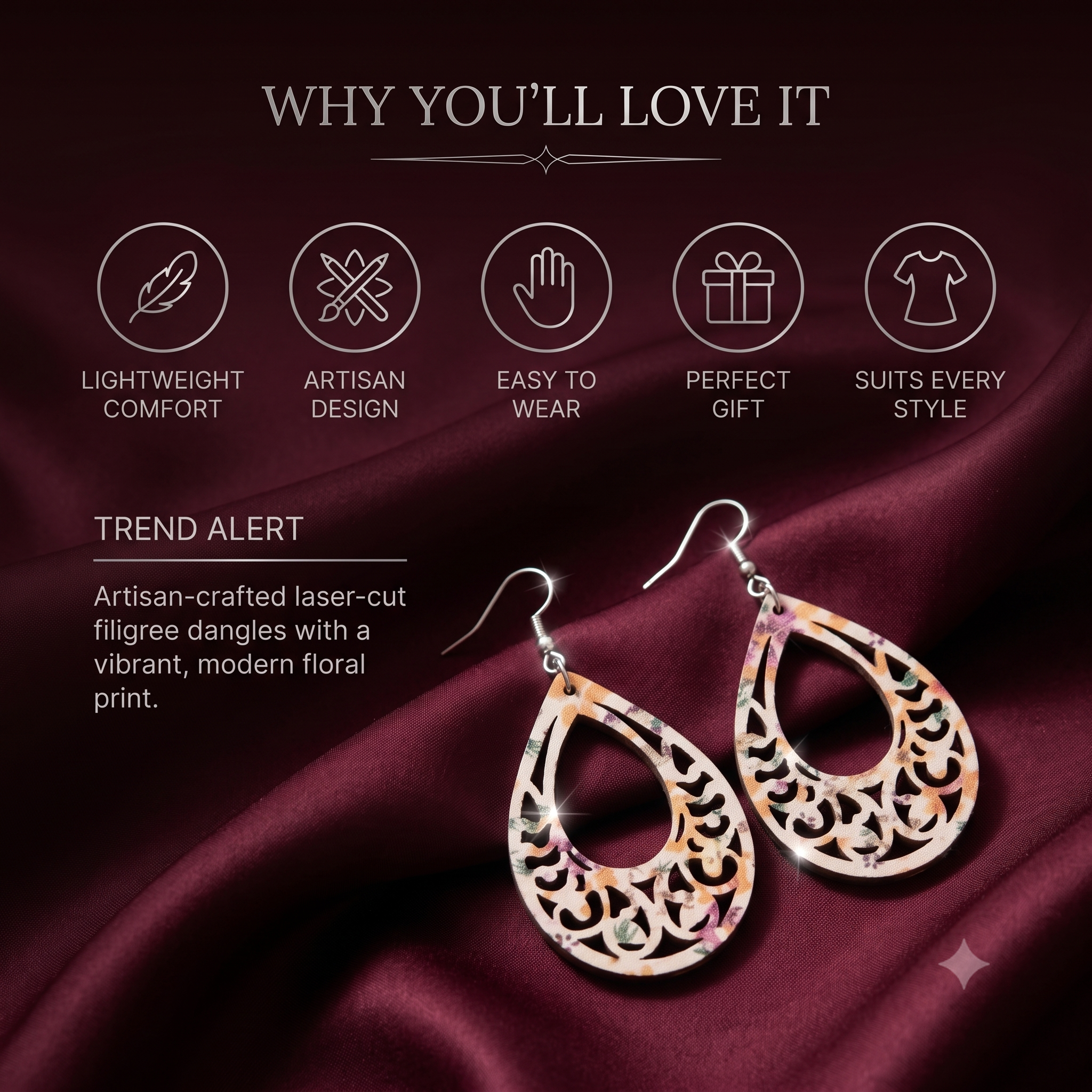 Wooden Laser Cut Teardrop Earrings - Multicolour