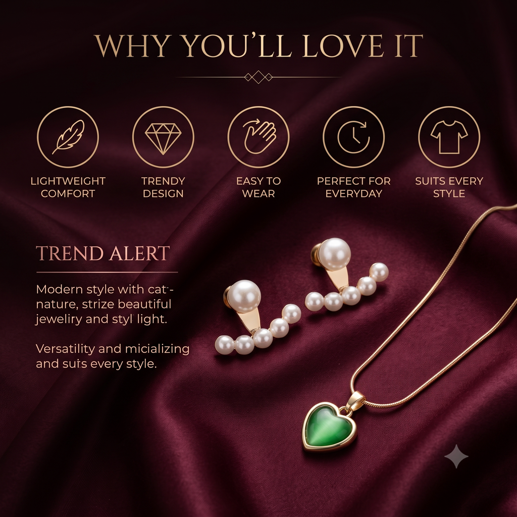 Pearl & Green Jade Matching Jewellery Set in Rose Gold (Pendant Necklace & Drop Earrings)