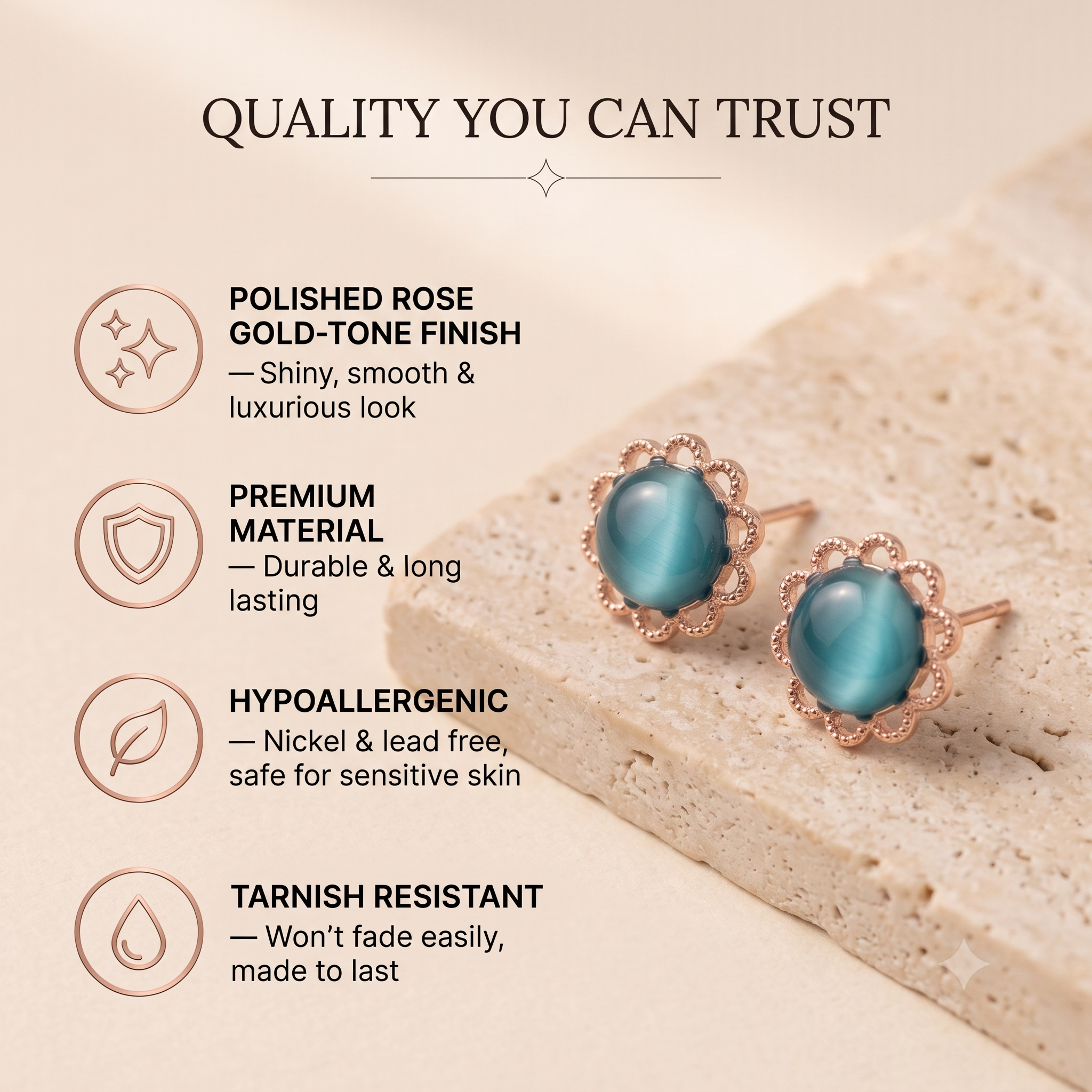 Elegant Rose Gold Teal Stud Earrings for Women & Girls | Trendy Fashion Jewellery for Daily & Party Wear