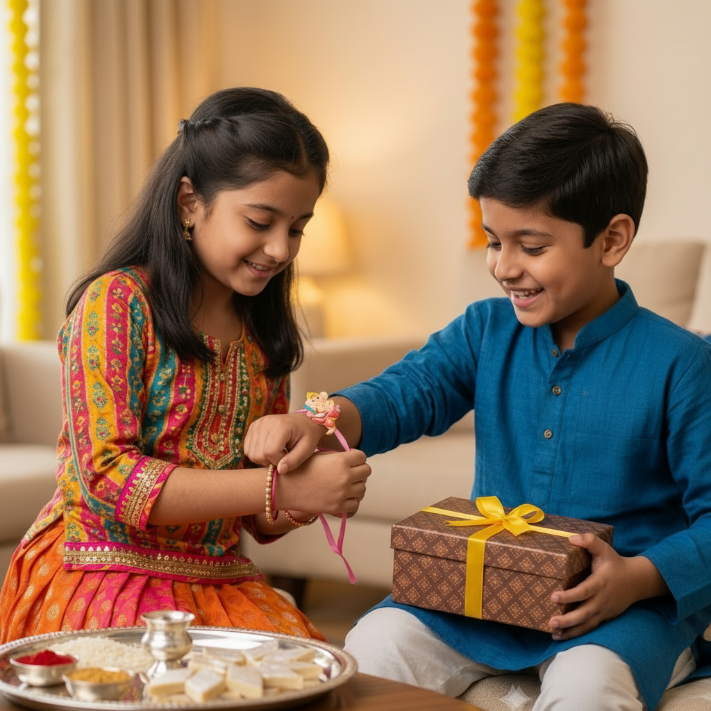Bal Ganesha Cartoon Kids Rakhi with Pink Ribbon | VyomBox