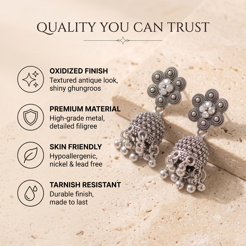 Antique Oxidised Silver Crystal Flower Jhumka Earrings for Women