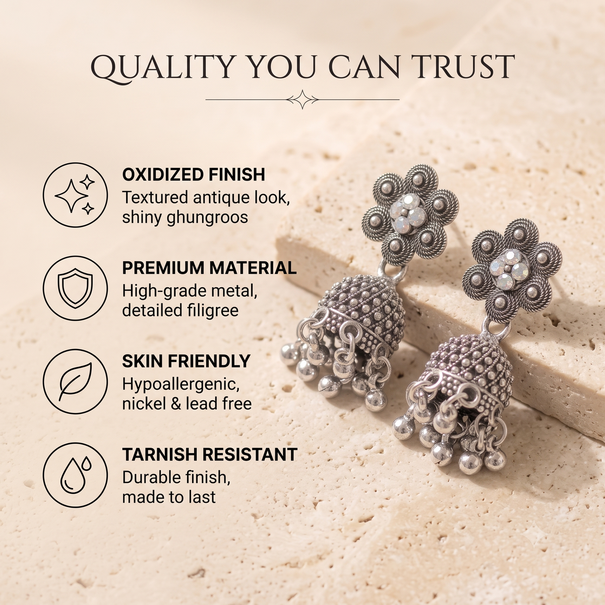 Antique Oxidised Silver Crystal Flower Jhumka Earrings for Women