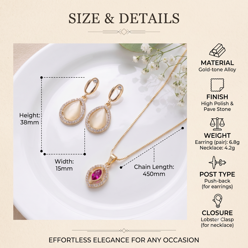 18K Gold Plated Ruby Halo Pendant Necklace & Pear-Cut Moonstone Halo Dangle Earrings Set | Fine Gemstone Jewelry
