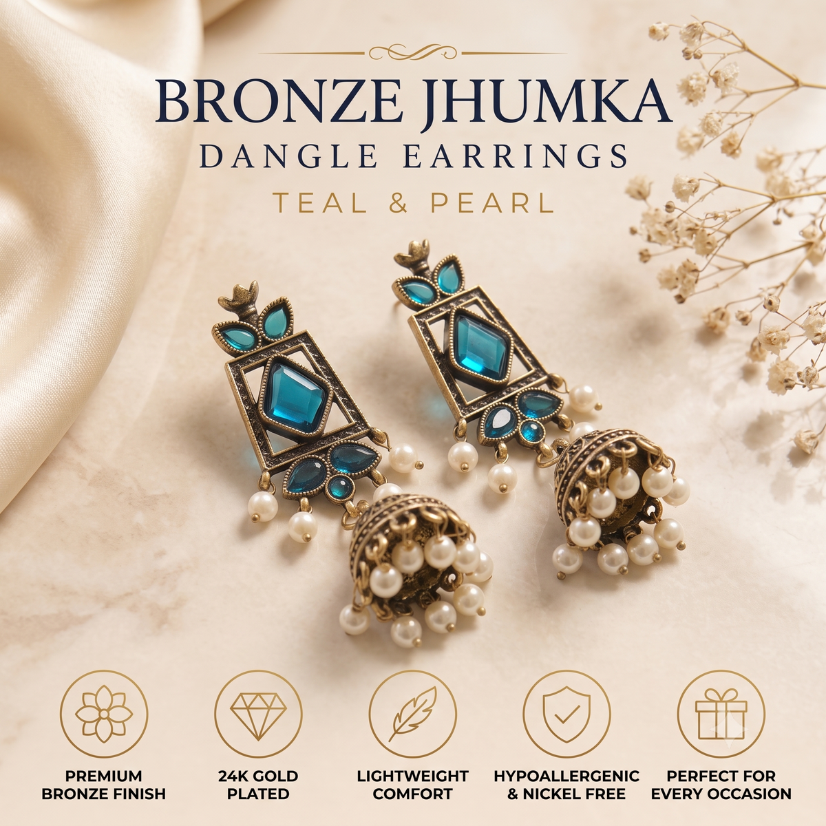 Antique Oxidised Bronze Pearl Jhumka Earrings for Women
