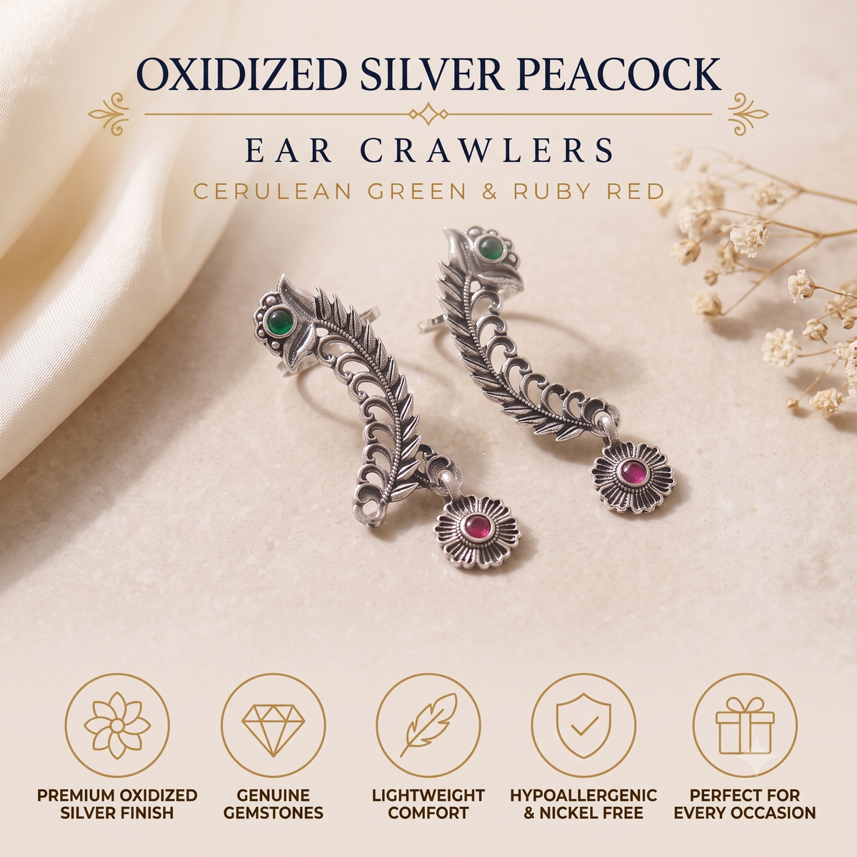 Oxidised Silver Peacock Ear Crawlers with Emerald Green & Ruby Red Stones