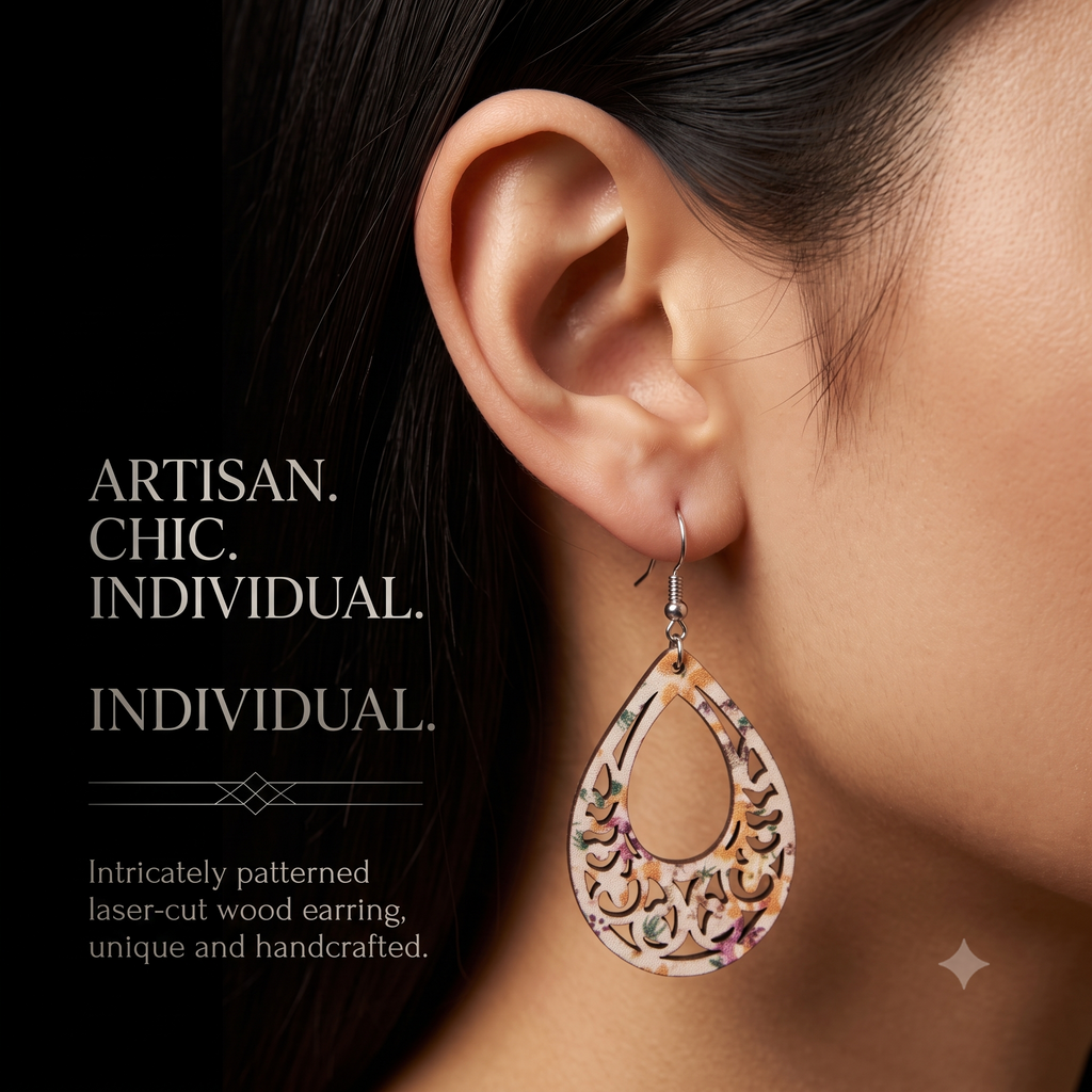 Wooden Laser Cut Teardrop Earrings - Multicolour