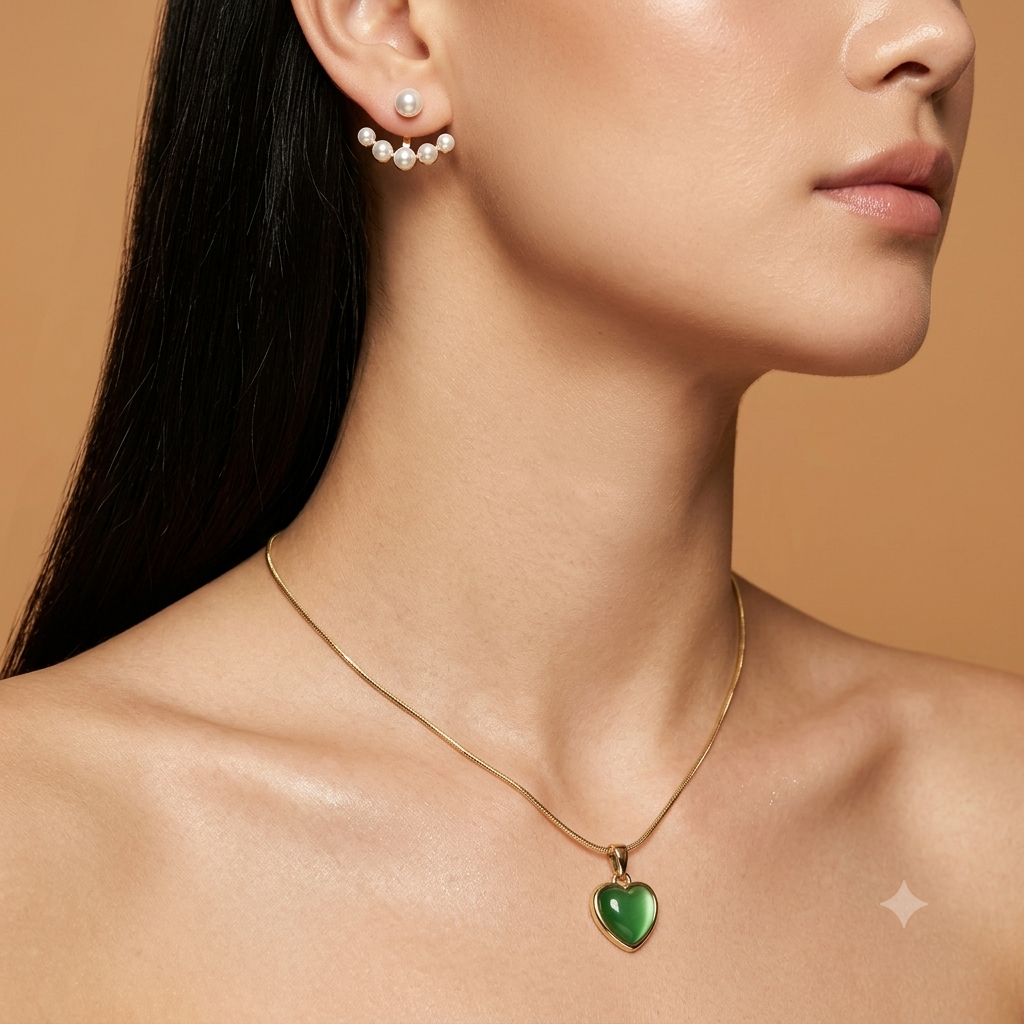 Pearl & Green Jade Matching Jewellery Set in Rose Gold (Pendant Necklace & Drop Earrings)