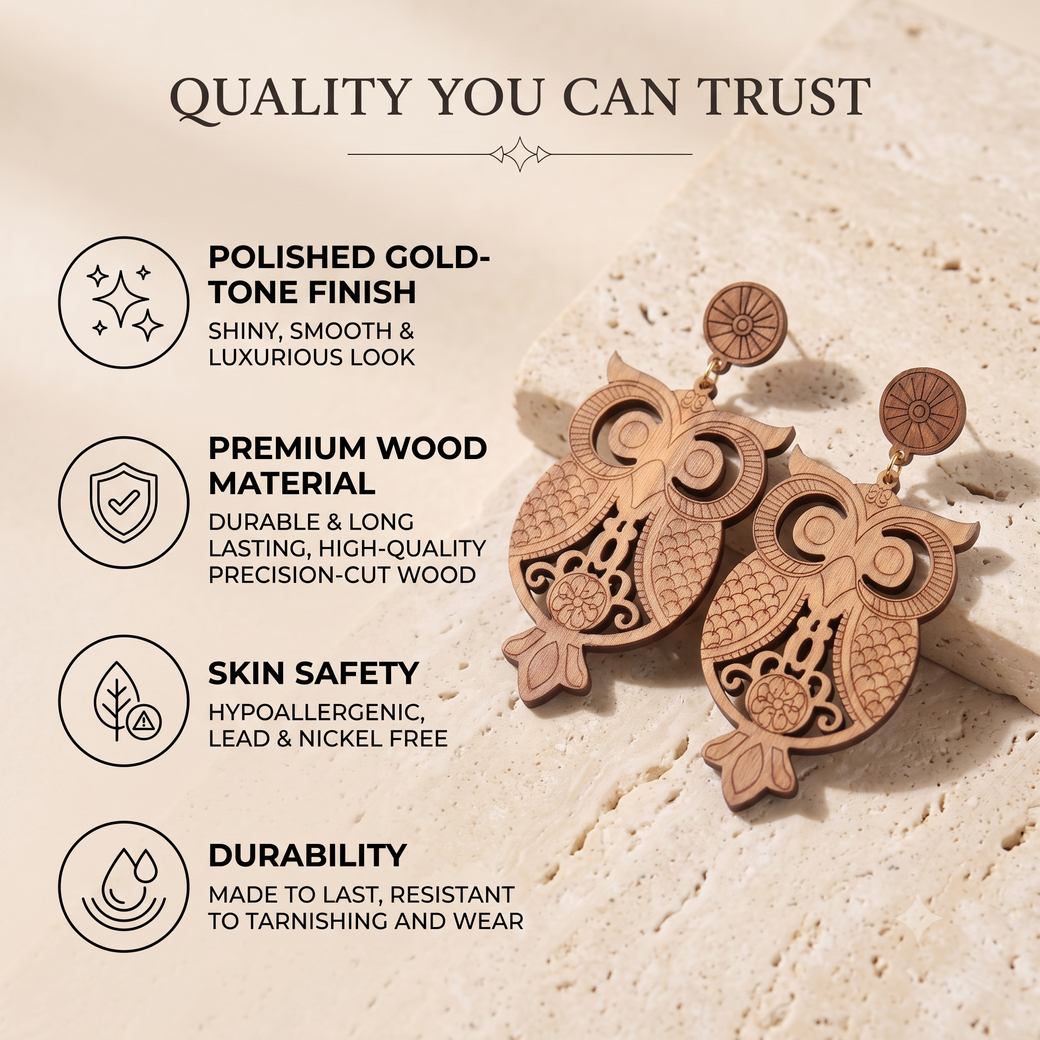 Laser-Cut Bohemian Owl Wooden Dangle Earrings – Lightweight Boho Drop Earrings for Women
