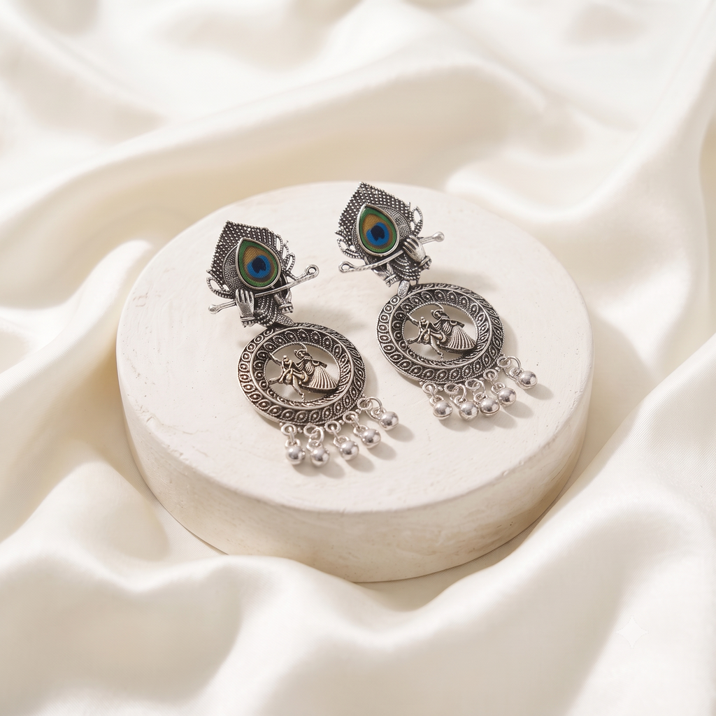 Oxidised Silver Radha Krishna Peacock Dangle Earrings for Women