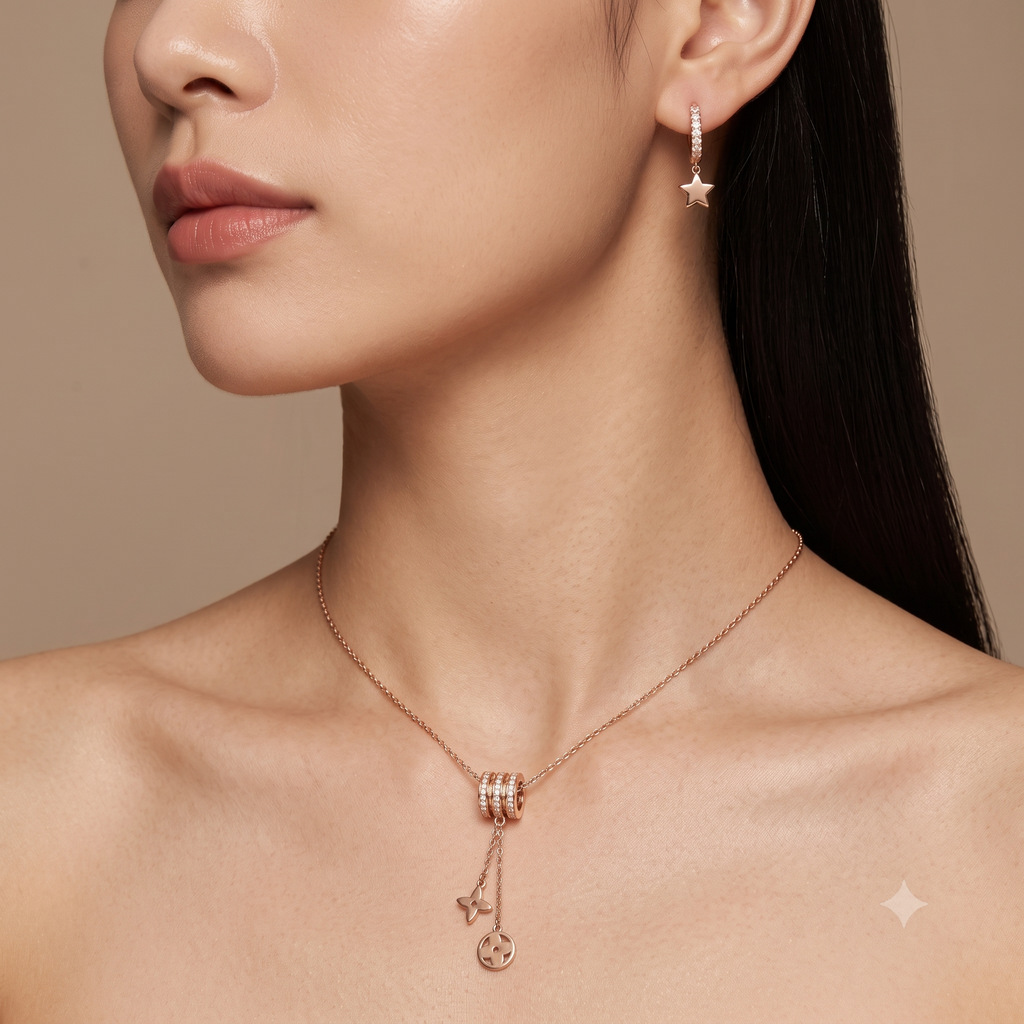 18K Gold Plated Pavé Crystal Lariat Necklace & Earring Set | Shivena