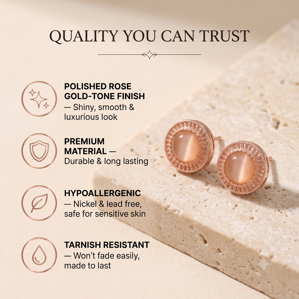 Elegant Rose Gold Peach Cat's Eye Stud Earrings for Women & Girls | Trendy Fashion Jewellery for Daily & Party Wear