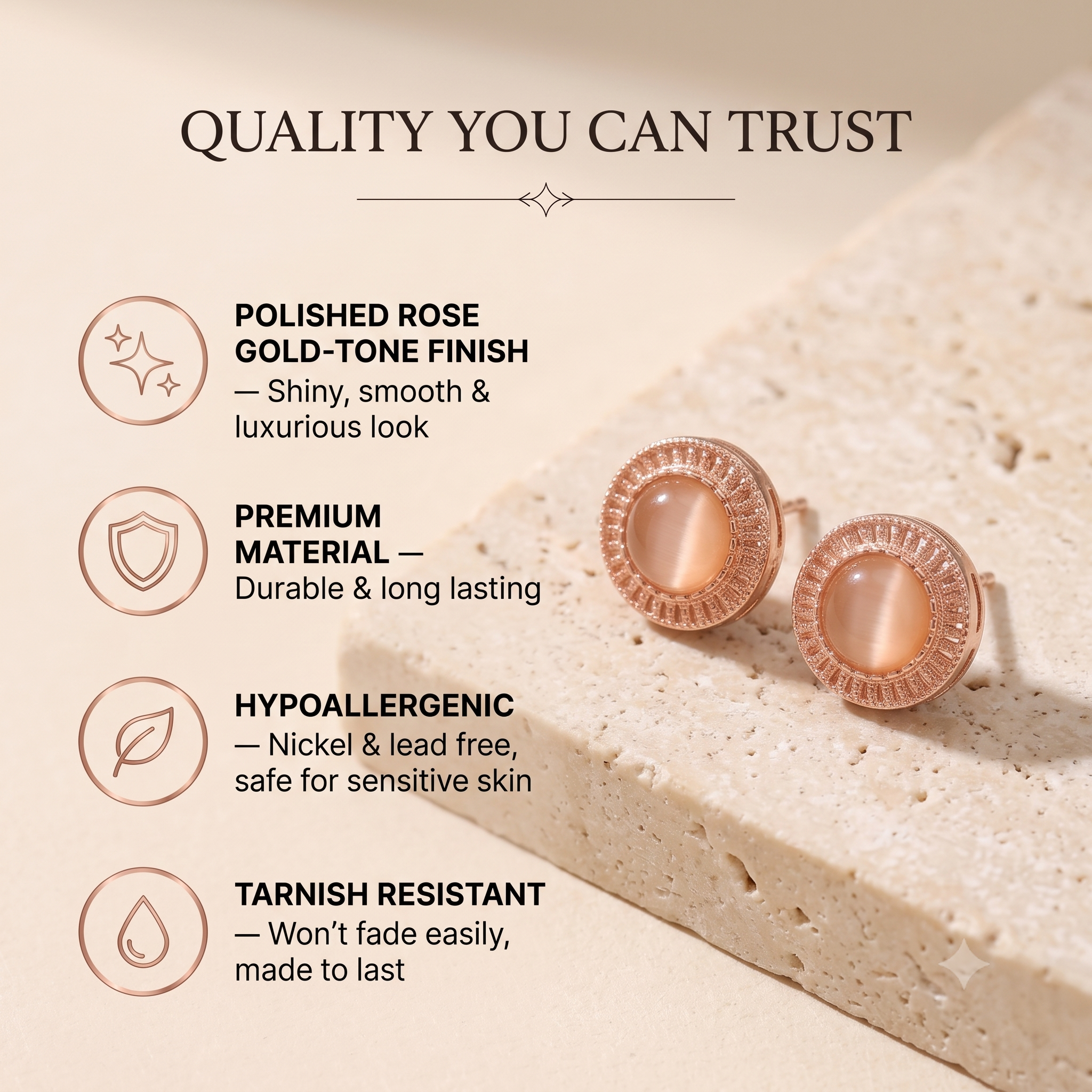 Elegant Rose Gold Peach Cat's Eye Stud Earrings for Women & Girls | Trendy Fashion Jewellery for Daily & Party Wear