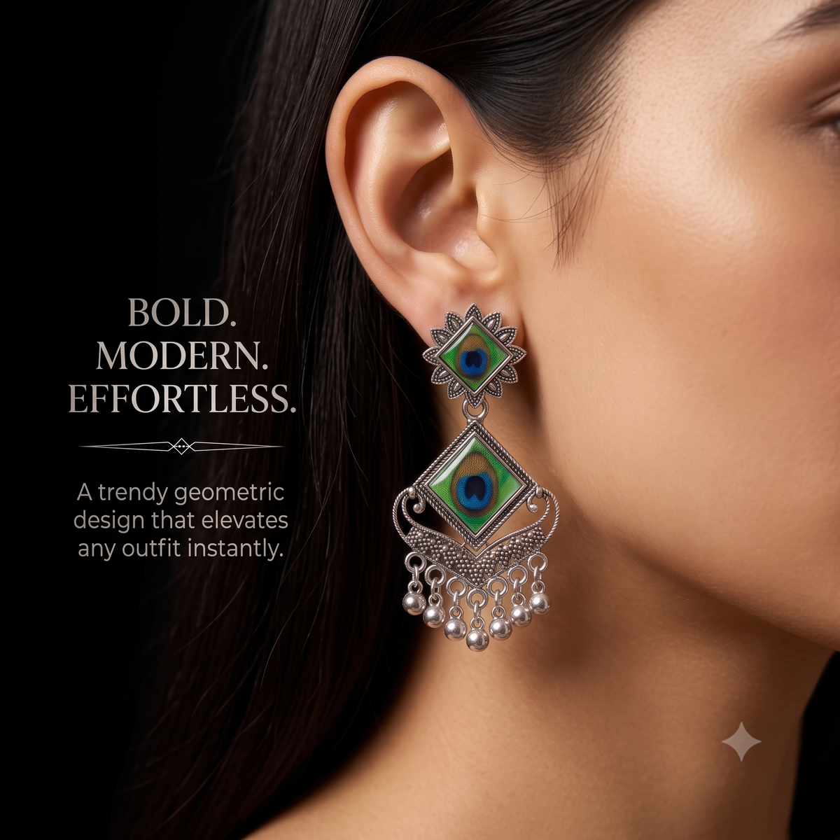 Oxidised Silver Enamel Peacock Drop Earrings for Women