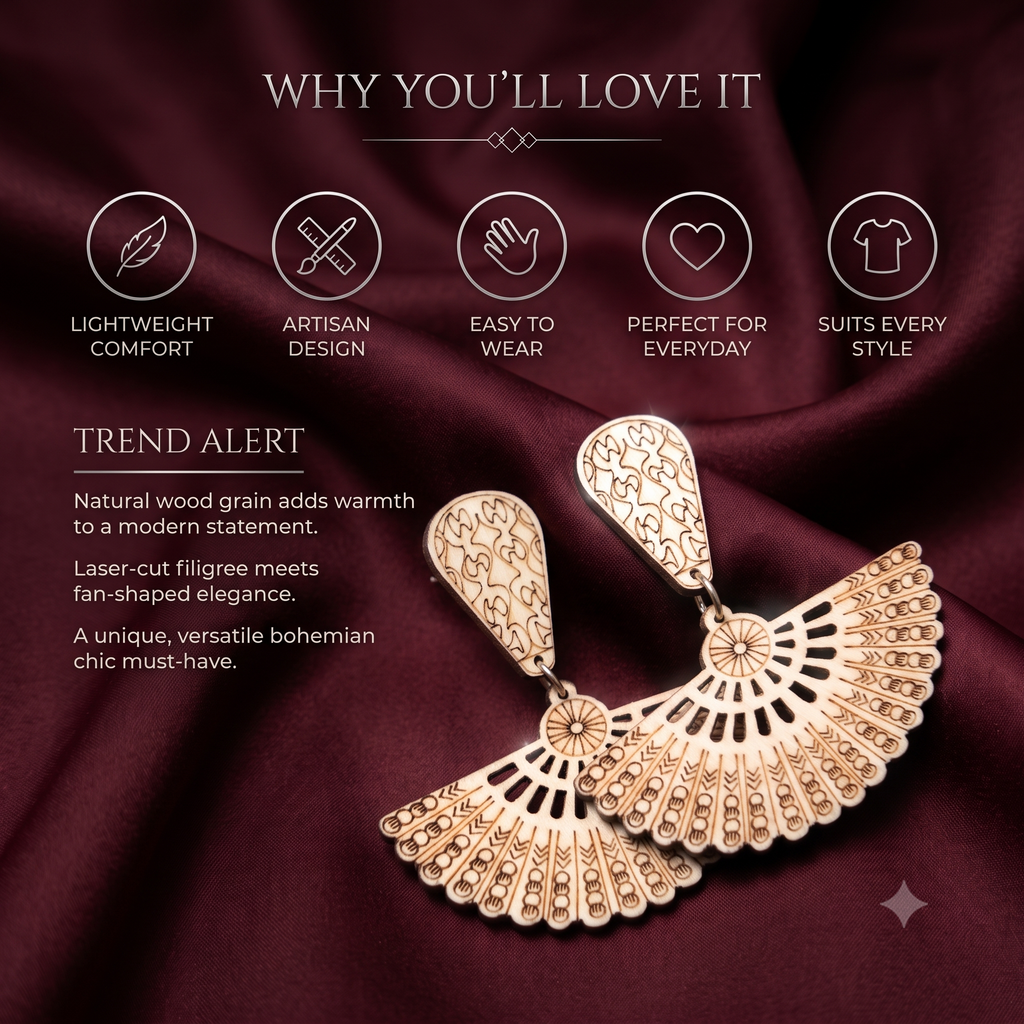 Laser-Cut Bohemian Fan Wooden Drop Earrings – Lightweight Boho Chandelier Dangle Earrings for Women