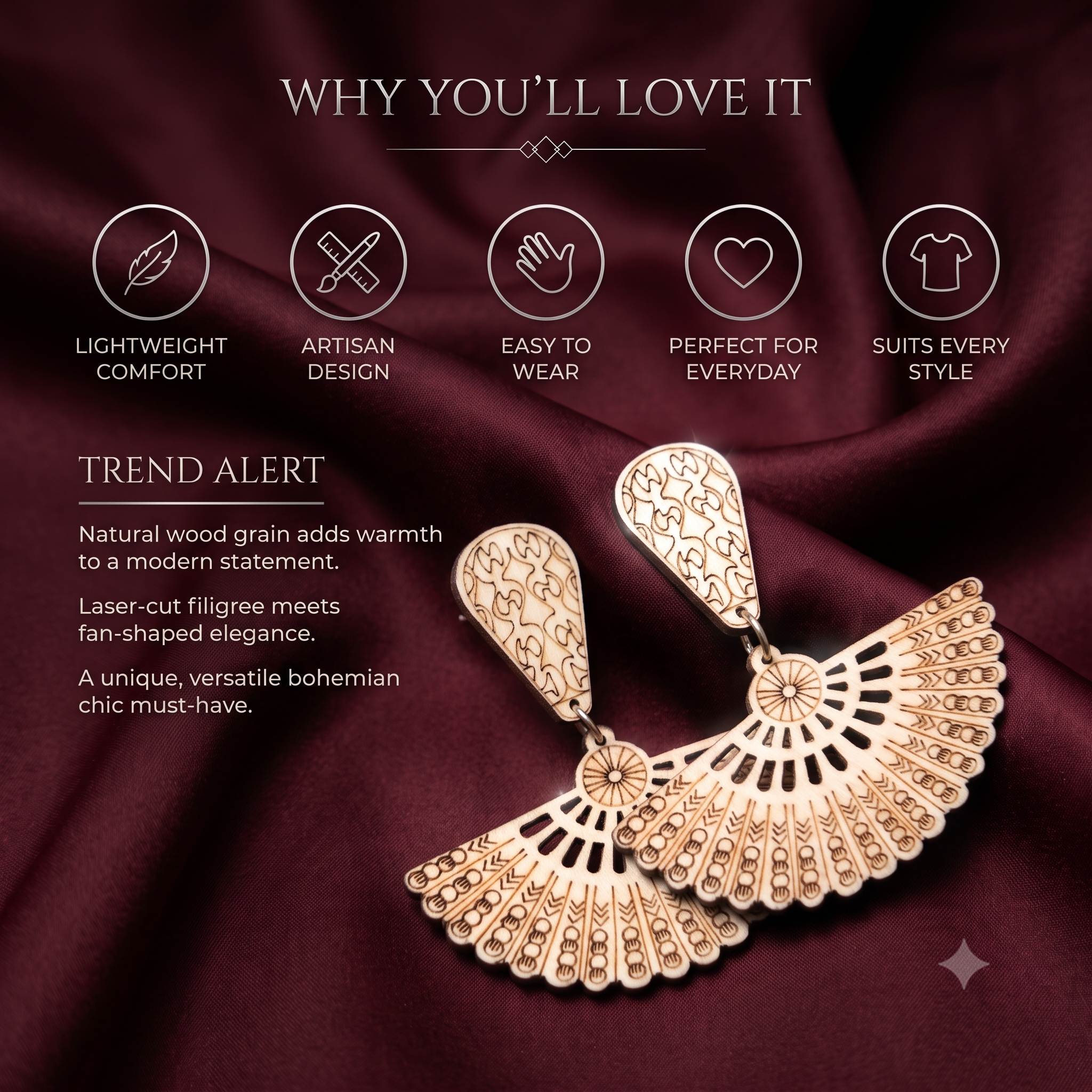 Laser-Cut Bohemian Fan Wooden Drop Earrings – Lightweight Boho Chandelier Dangle Earrings for Women
