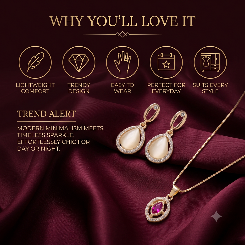 18K Gold Plated Ruby Halo Pendant Necklace & Pear-Cut Moonstone Halo Dangle Earrings Set | Fine Gemstone Jewelry