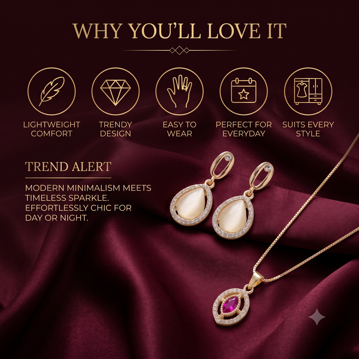 18K Gold Plated Ruby Halo Pendant Necklace & Pear-Cut Moonstone Halo Dangle Earrings Set | Fine Gemstone Jewelry