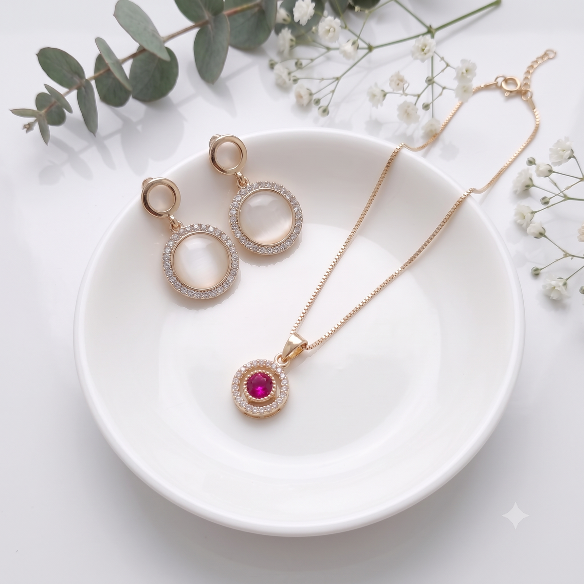 18K Gold Plated Round Ruby Halo Pendant Necklace & Opal Halo Circle Drop Earrings Set | Royal Gemstone Jewelry
