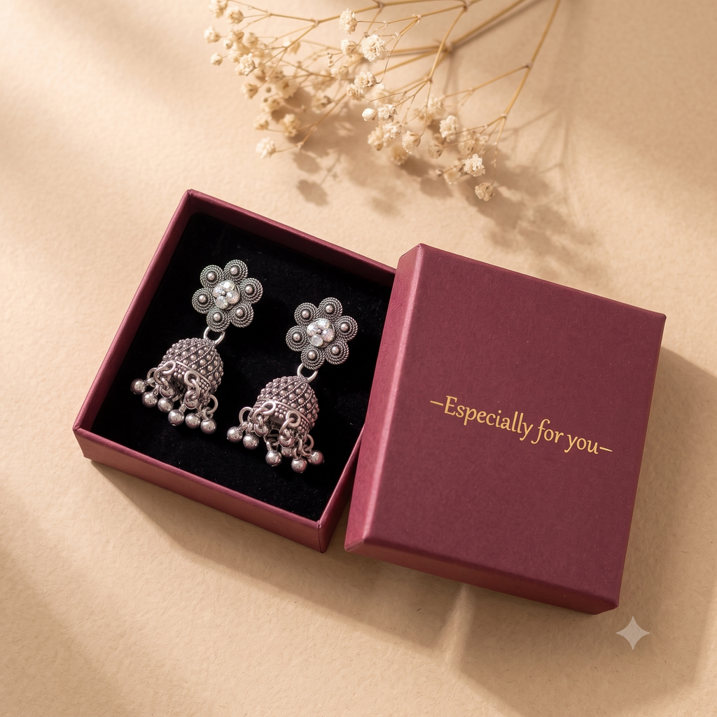 Antique Oxidised Silver Crystal Flower Jhumka Earrings for Women