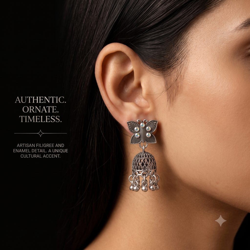 Antique Silver Oxidised Butterfly Jhumka Earrings with Opaline Stones