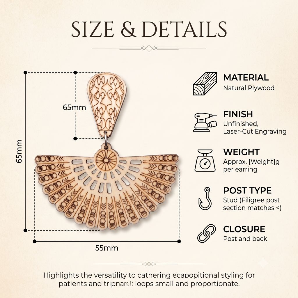 Laser-Cut Bohemian Fan Wooden Drop Earrings – Lightweight Boho Chandelier Dangle Earrings for Women
