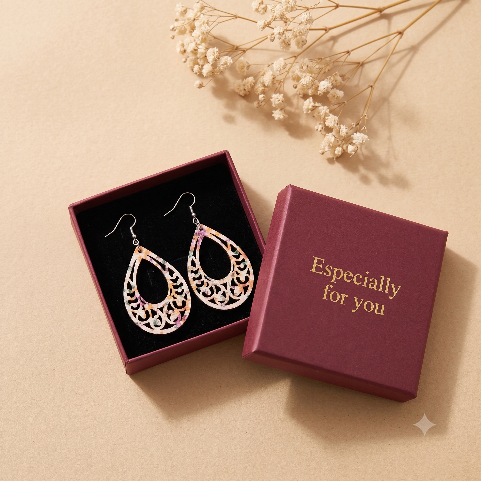 Wooden Laser Cut Teardrop Earrings - Multicolour