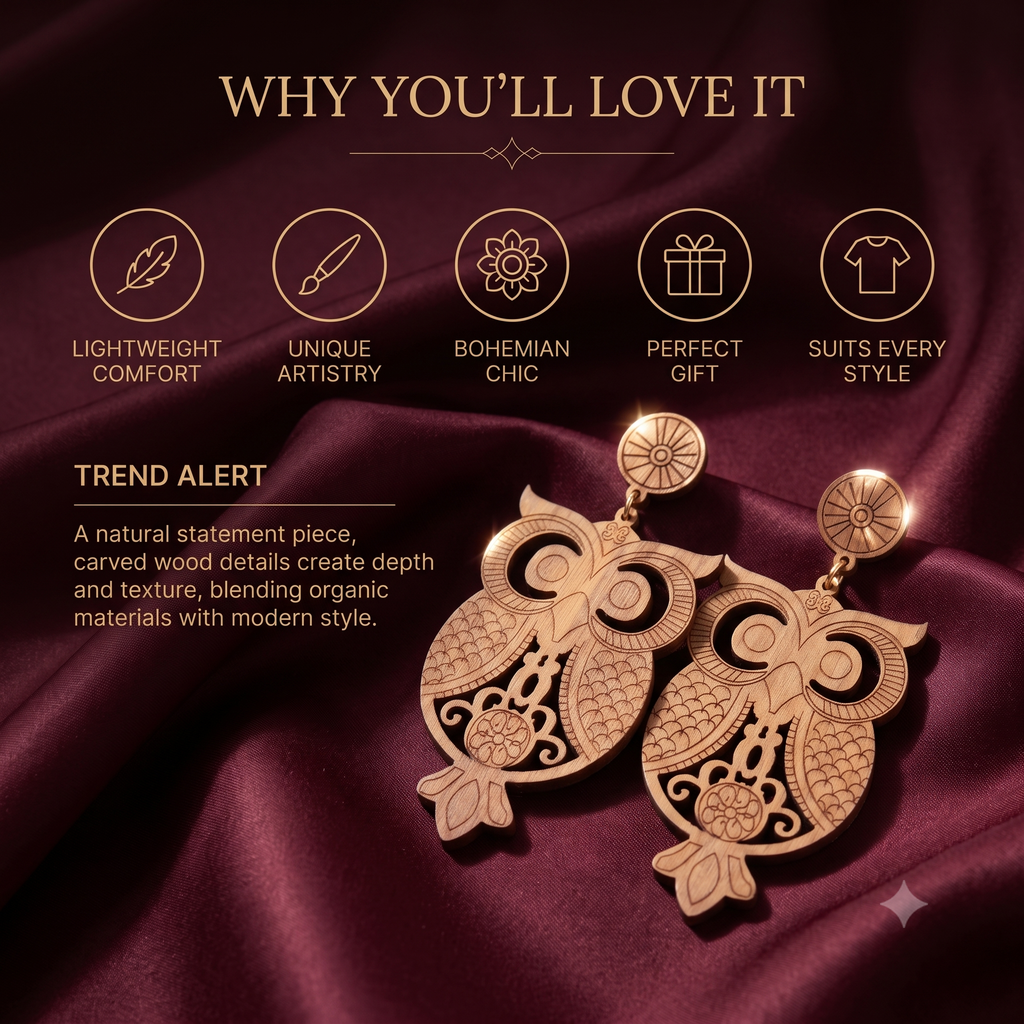 Laser-Cut Bohemian Owl Wooden Dangle Earrings – Lightweight Boho Drop Earrings for Women