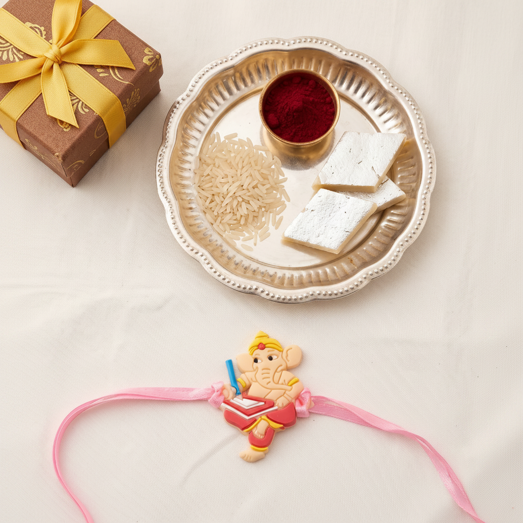 Bal Ganesha Cartoon Kids Rakhi with Pink Ribbon | VyomBox