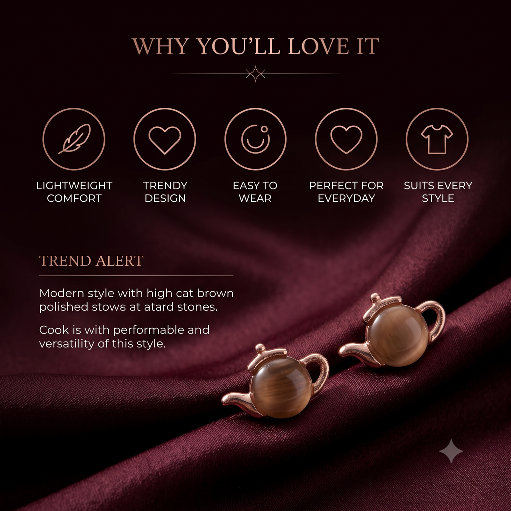 Quirky Teapot Stud Earrings for Women & Girls | Rose Gold; Brown Agate Trendy Fashion Jewellery for Daily &amp; Party Wear