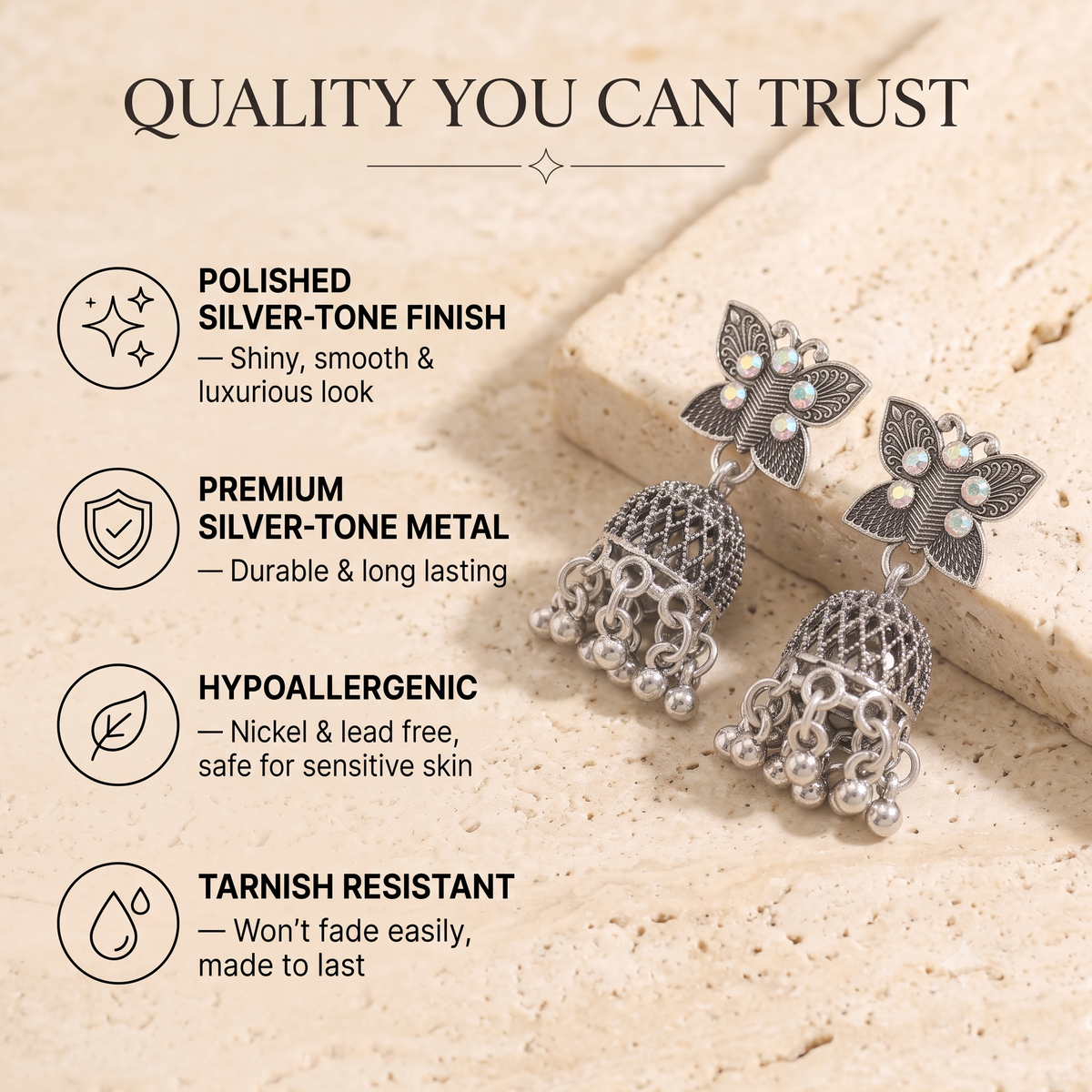 Antique Silver Oxidised Butterfly Jhumka Earrings with Opaline Stones