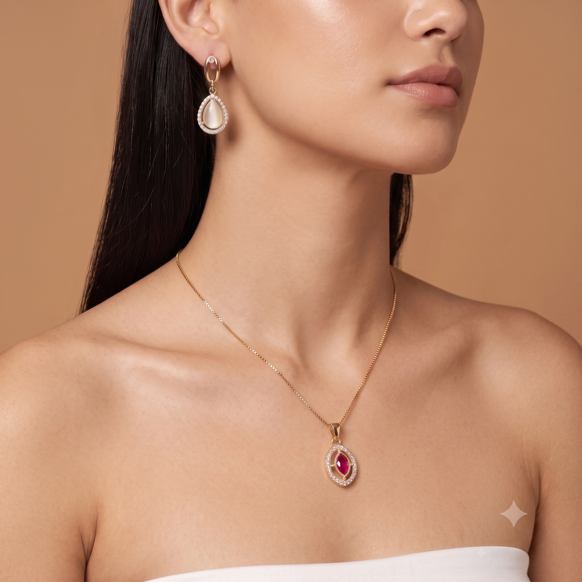 18K Gold Plated Ruby Halo Pendant Necklace & Pear-Cut Moonstone Halo Dangle Earrings Set | Fine Gemstone Jewelry