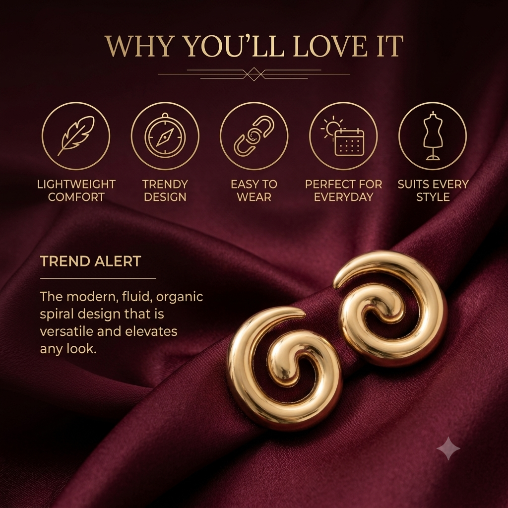 Trendy Spiral Stud Earrings for Women & Girls | High-Polish Gold Plated Fashion Jewellery for Daily, Office & Party Wear
