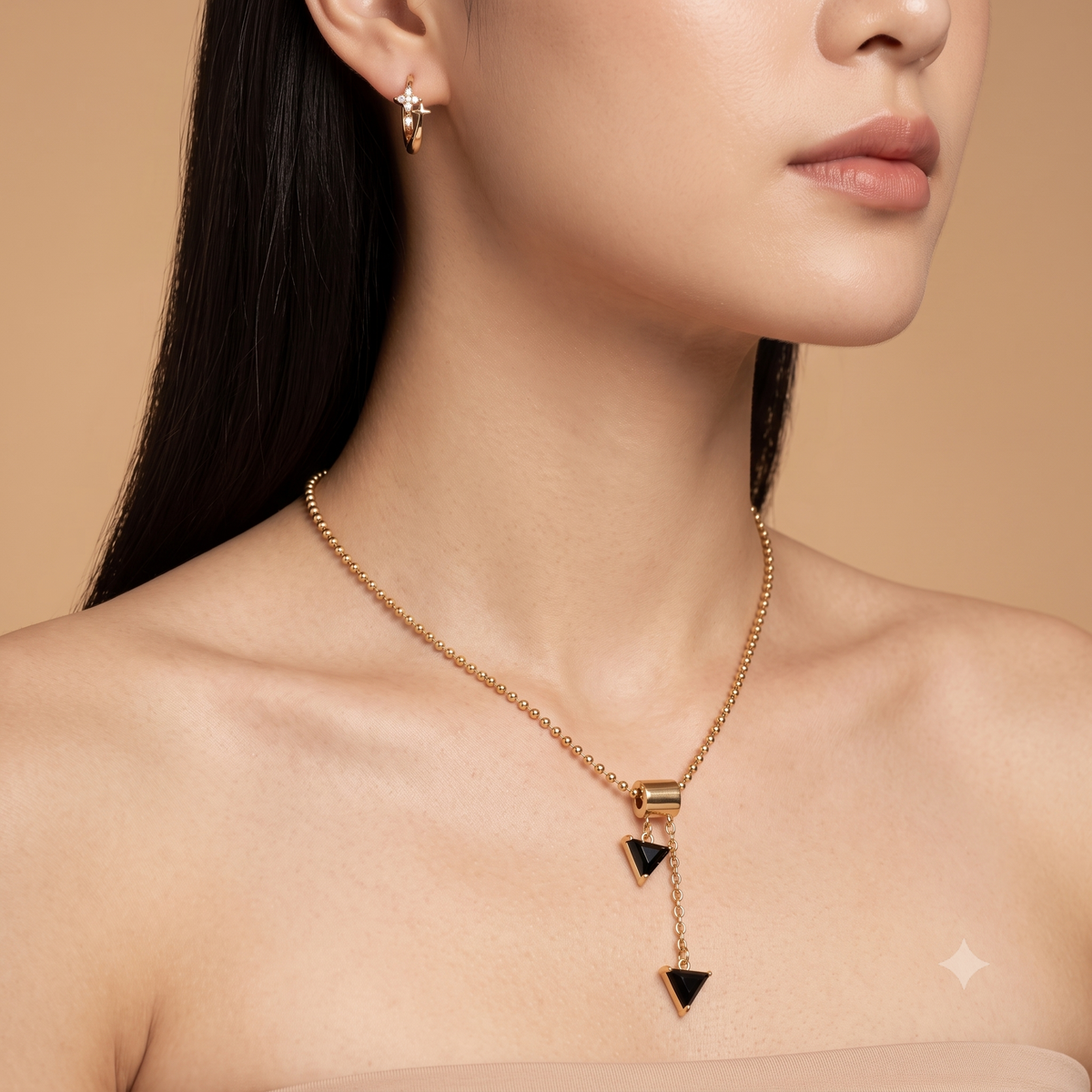 18K Gold Plated Onyx Stone Pendant Necklace & Crystal Star Huggie Earring Set | Y-Lariat Chain Jewelry