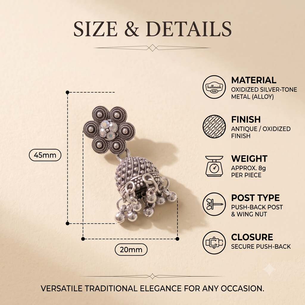 Antique Oxidised Silver Crystal Flower Jhumka Earrings for Women