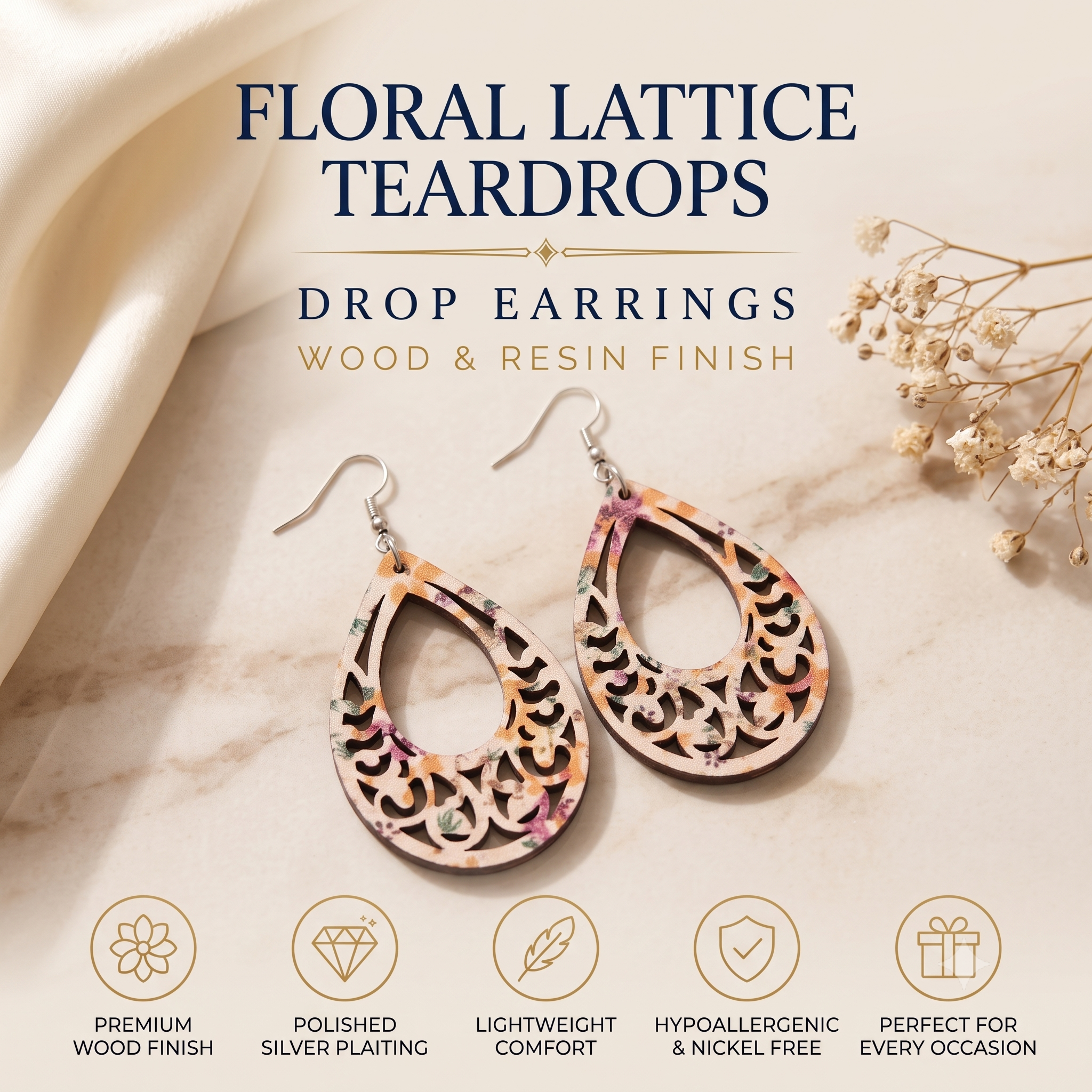 Wooden Laser Cut Teardrop Earrings - Multicolour