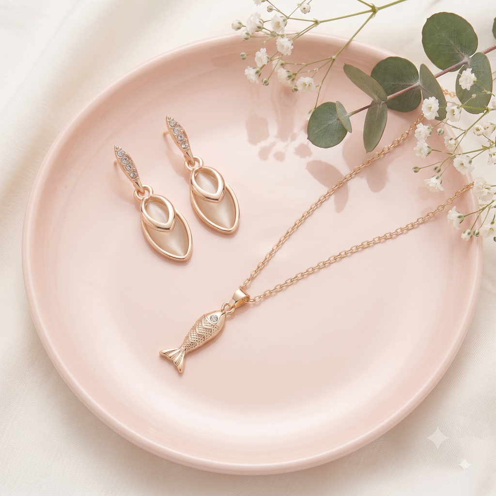 Gold-Plated Opal Style Fish Pendant Necklace and Earrings Jewellery Set